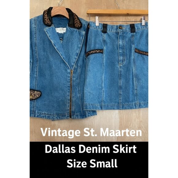 Vintage St. Maarten Dallas Denim Skirt Set Small Vest & Mini Skirt Leopard Trim - Picture 1 of 14